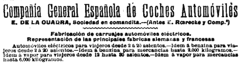 Publicidad de la Compañía General Española de Coches Automóviles E. de La Cuadra