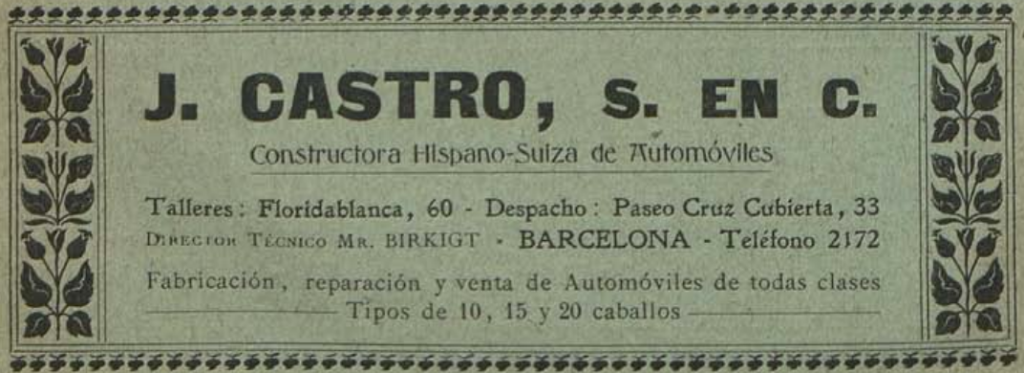 Anuncio de J.Castro constructora Hispano-Suiza de automóviles