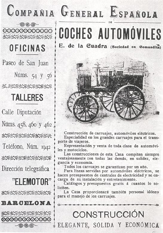 Publicidad de la Compañía General Española de Coches Automóviles E. de la Cuadra (Sociedad en Comandita)