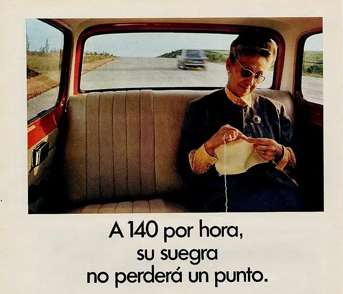 Publicidad Simca 1000, a 140 su suegra no perderá un punto